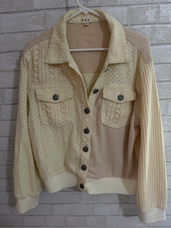 POL Sweaters - POL Two-Tone Cream & Beige Mixed-Knit Button Cardigan